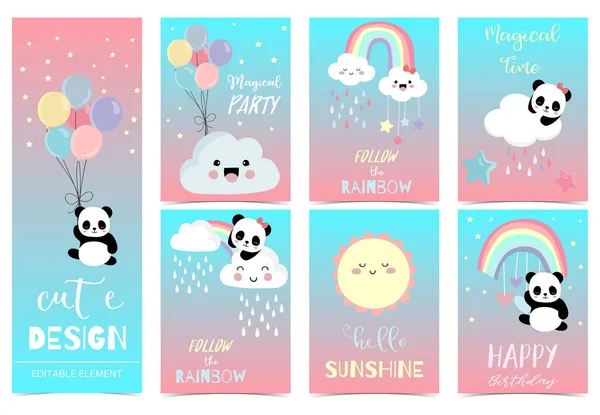 Niedliches Kind Hintergrund mit Panda, Bär, Regenbogen, Ballon zum Geburtstag — Stockvektor