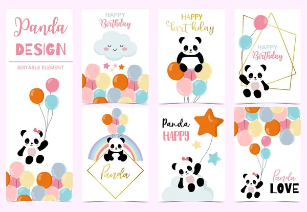 Collection of birthday background set with panda,rainbow,balloon — Stock Vector
