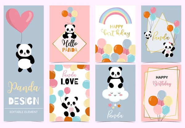Collectie van verjaardag achtergrond set met Panda, regenboog, ballon — Stockvector