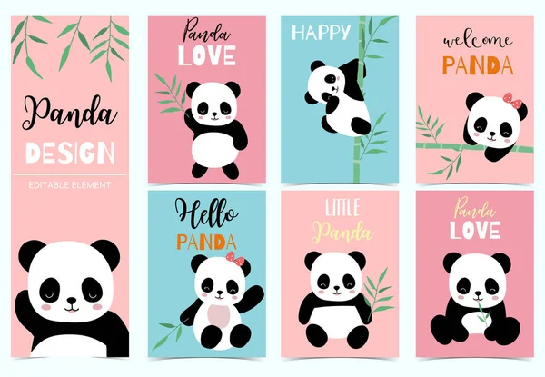 Collection of birthday background set with panda,bamboo.Editable — Stock Vector