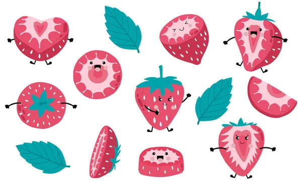 Mignonne collection de dessins animés à la fraise.Entier, coupé en deux, tranché sur — Image vectorielle