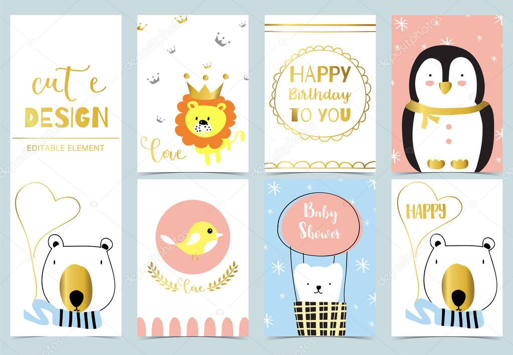 Cute kid background with penguin,lion,bird,bear,christmas tree for birthday invitation
