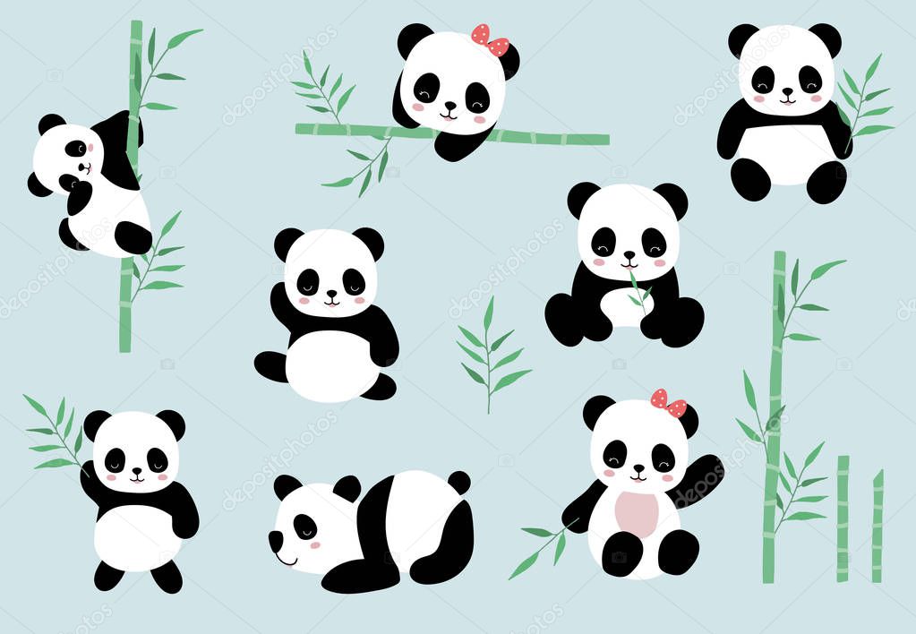 Collection of panda object set with bamboo