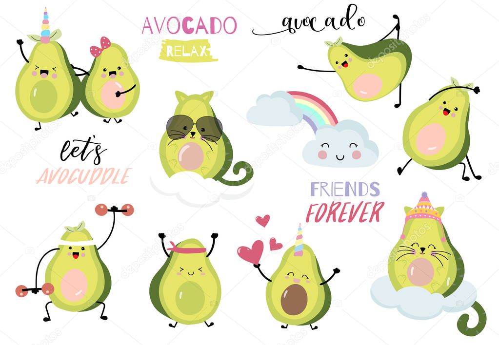 Collection of green avocado card set with leaf,avocado exercise. Let's avocuddle