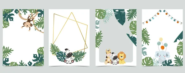 Colección animal verde de marco de safari conjunto con león, jirafa, ze — Vector de stock