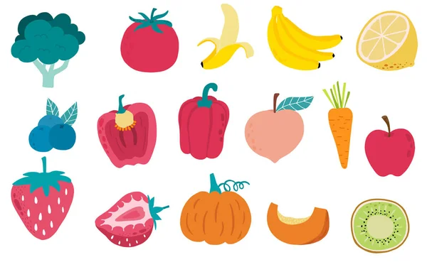Linda colección de objetos de fruta fresca con pimiento rojo, zanahoria, bana — Vector de stock