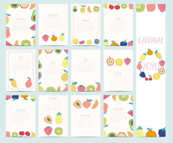 Conjunto de calendario de frutas Doodle 2020 con manzana, fresa; limón; kiwi , — Archivo Imágenes Vectoriales