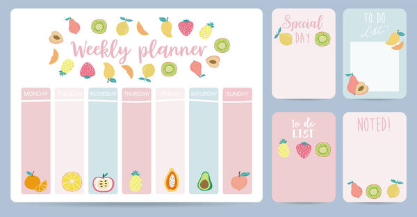cute weekly planner background with strawberry, mango,kiwi,lemon