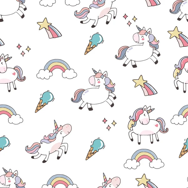 Fondo lindo con unicornio, arco iris, nubes. Ilustración vectorial s — Vector de stock