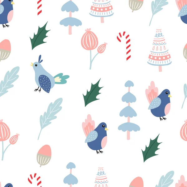 Cute winter background with bird, tree.Vector illustration seamle — стоковый вектор