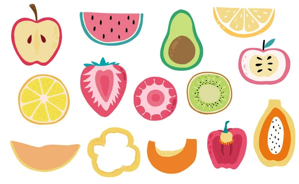 Cute fresh fruit object collection with watermelon, lemon, apple — Stock Vector