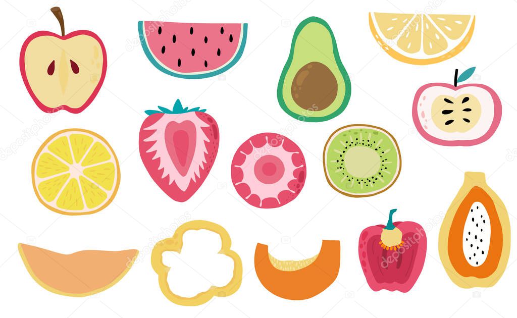 Cute fresh fruit object collection with watermelon, lemon, apple,kiwi,avocado.Vector illustration for icon,logo,sticker,printable