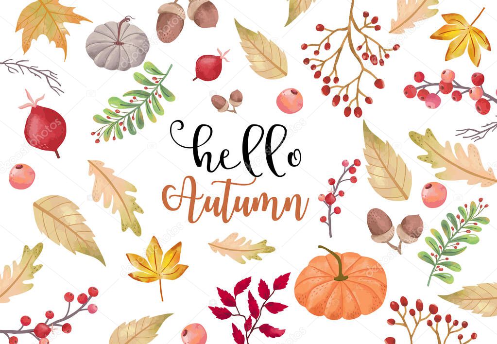 Collection of autumn background set with pumpkin,leaves,flower.Editable vector illustration for birthday invitation,postcard and sticker.Wording include hello