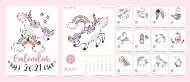 Tek boynuzlu at, gökkuşağı, çocuklar için dondurma içeren Doodle Pastel takvimi 2021. Basılabilir grafik için kullanılabilir. 