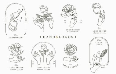 El, çiçek ve gül ile güzellik okült logo koleksiyonu. Simge, logo, çıkartma, yazdırılabilir ve dövme için vektör illüstrasyonu