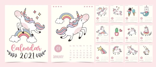 Doodle Pastell Kalender Set 2021 Med Enhörning Regnbåge Glass För — Stock vektor