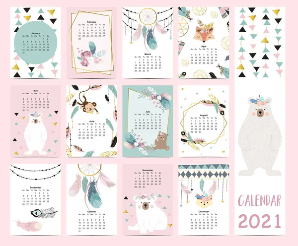 Doodle Pastel Boho Calendar Set 2021 Пір Золотим Геометричним Ведмежим — стоковий вектор