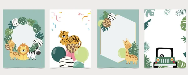 Zielona Kolekcja Tła Safari Lampartem Zebrą Żyrafą Lwem Edytowalna Ilustracja — Wektor stockowy