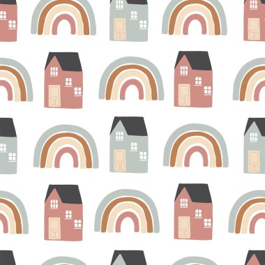 Evle birlikte sevimli gökkuşağı pürüzsüz desen. Arkaplan, duvar kağıdı, düzenlenebilir element için vektör illüstrasyonu.