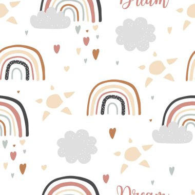 Güneşli şirin gökkuşağı deseni. Arka plan, duvar kağıdı, düzenlenebilir element için vektör illüstrasyonu.
