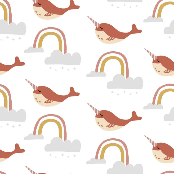 Cute Rainbow Seamless Pattern Narwhale Vector Illustration Background Wallpaper Frabic — стоковый вектор