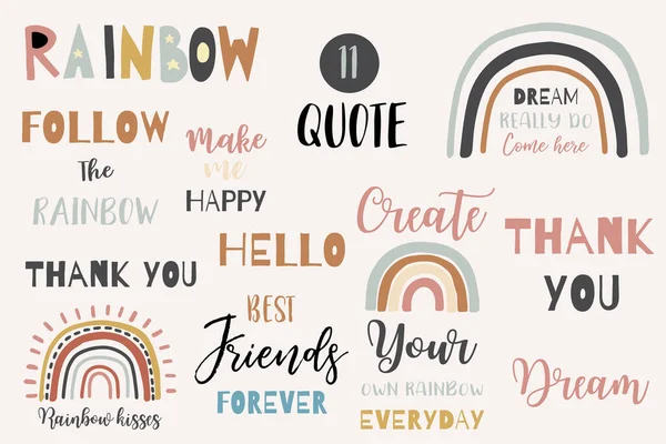 Doodle Rainbow Logo Set Quote Illustration Logo Sticker Postcard Birthday — Stock Vector