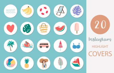 Icon of instagram highlight cover with beach, watermelon, fruit in summer style for social media clipart