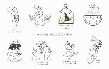 Beauty occult logo collection with hand, flower, rose.Vector illustration for icon,logo,sticker,printable and tattoo clipart