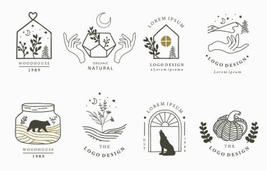 El, çiçek ve gül ile güzellik okült logo koleksiyonu. Simge, logo, çıkartma, yazdırılabilir ve dövme için vektör illüstrasyonu