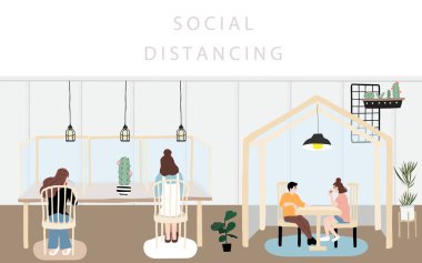 İnsanlar konuşuyor, restoranda yemek yiyorlar. Sosyal uzaklık normal.