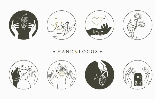 Schoonheid Occulte Logo Collectie Met Hand Hart Bloem Huis Cirkel — Stockvector
