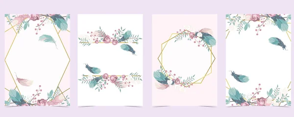 带有玫瑰 羽毛和框架的几何粉色金婚宴请柬 — 图库矢量图片