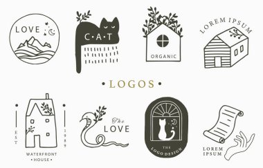 El, çiçek, ev, kedi, dağ güzellik okült logo koleksiyonu. Simge, logo, çıkartma, yazdırılabilir ve dövme için vektör illüstrasyonu
