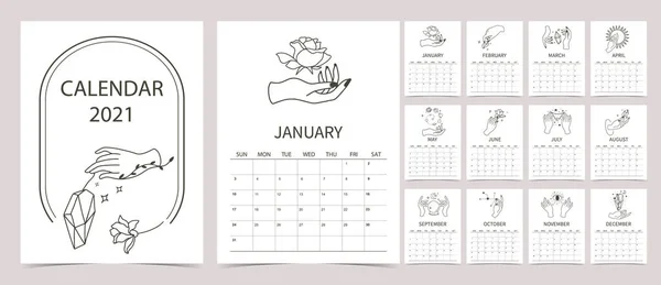 Lijn Hand Kalender 2021 Met Roos Bloem Kristal Zon Boho — Stockvector