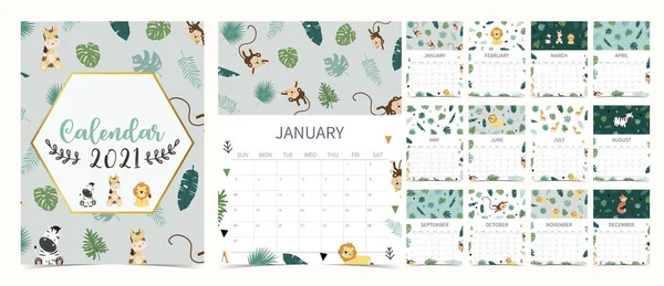 Cute Kalendarz Safari 2021 Lwem Żyrafa Zebra Lis Małpa Dla — Wektor stockowy