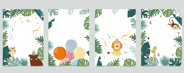 Colección Verde Fondo Safari Conjunto Con Mono Oso Jirafa Ilustración — Archivo Imágenes Vectoriales