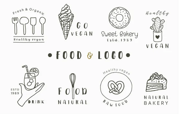 Lebensmittel Logo Kollektion Mit Kuchen Getränken Donut Eis Vektorillustration Für — Stockvektor