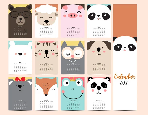 Cute Face Animal Calendar 2021 Panda Dog Cat Frog Fox — Stock Vector