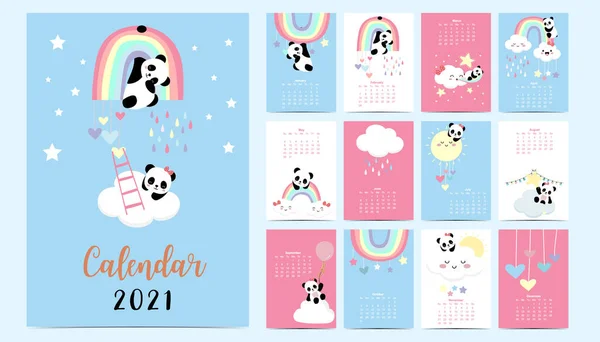 Doodle Conjunto Calendário Pastel 2021 Com Panda Arco Íris Sol —  Vetores de Stock