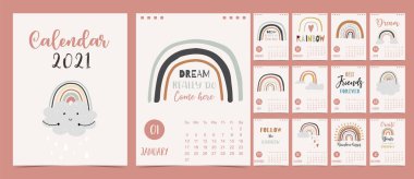 Tatlı pastel takvim 2021 Gökkuşağı, yağmur, çocuklar için bulut, çocuk, bebek