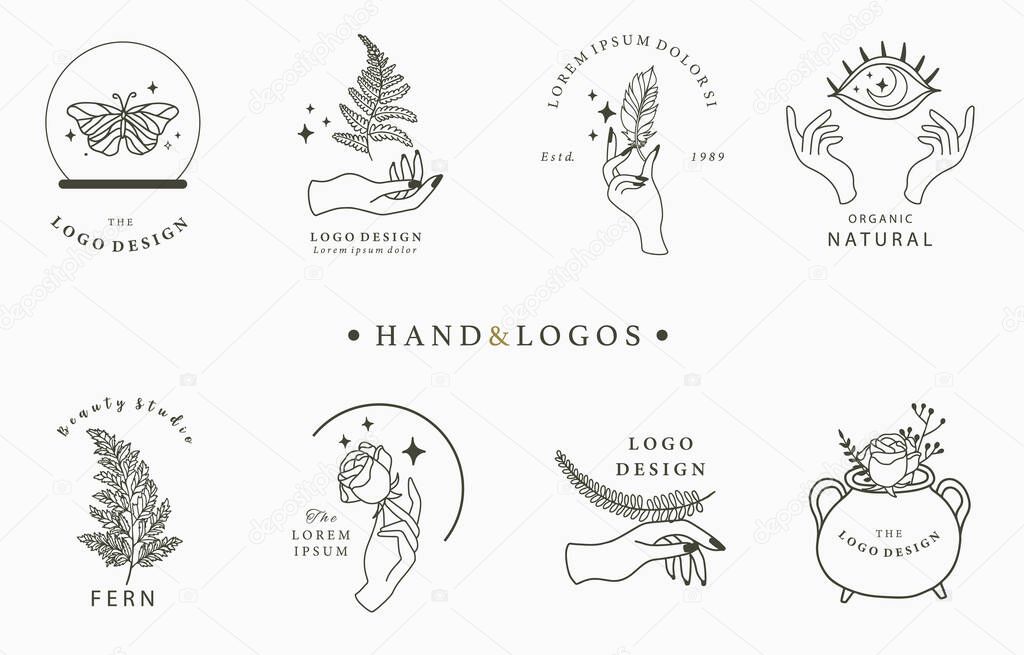 Beauty occult logo collection with hand,geometric,fern,moon,star,flower.Vector illustration for icon,logo,sticker,printable and tattoo