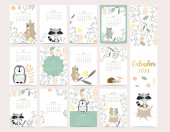 Roztomilý lesní kalendář 2021 s medvědem, skunk, tučňák, listy pro děti, dítě, dítě