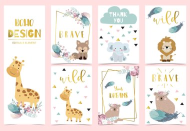 Geometri pembe boho davetiye kartı gül, yaprak, çelenk, tüy, ayı, tilki ve çerçeve ile