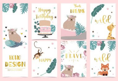 Geometri pembe boho davetiye kartı gül, yaprak, çelenk, tüy, ayı, tilki ve çerçeve ile