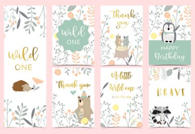 Ayı, orman, penguen ve kirpi içeren pembe boho kartları koleksiyonu. Doğum günü davetiyesi, kartpostal ve yapıştırıcı için vektör illüstrasyonu. Düzenlenebilir öge