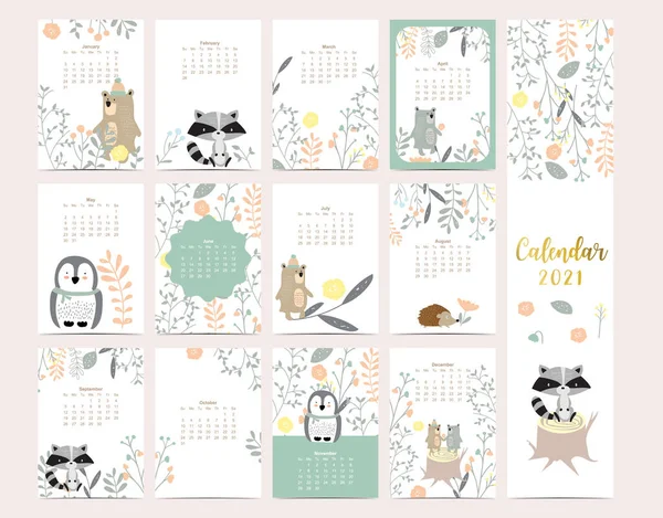 Cute Woodland Calendar 2021 Bear Skunk Penguin Leaves Children Kid — 스톡 벡터