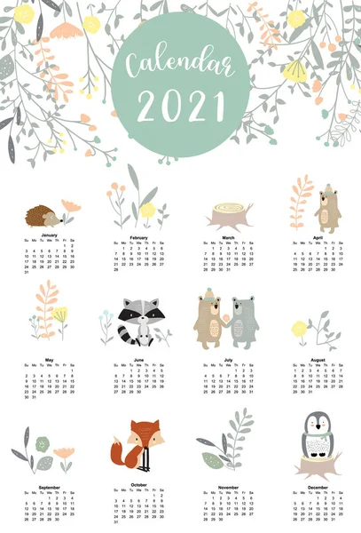 Cute Woodland Calendar 2021 Bear Skunk Penguin Leaves Children Kid — 스톡 벡터