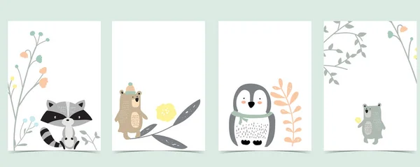 Collection Pink Boho Cards Set Bear Jungle Skunk Penguin Vector — Stock Vector