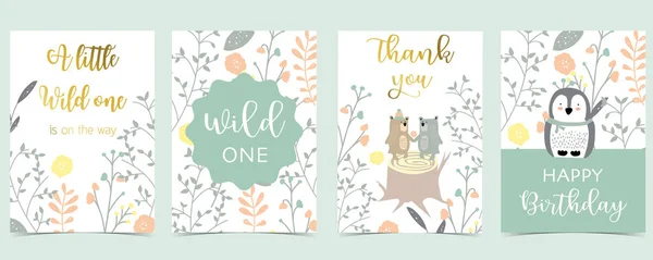 Collezione Carte Rosa Boho Set Con Orso Pinguino Illustrazione Vettoriale — Vettoriale Stock