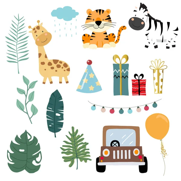 Коллекция Объектов Safari Жирафом Зеброй Тигром Автомобилем Подарком Векторная Иллюстрация — стоковый вектор